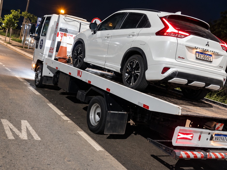 Guincho da WJ recolhendo SUV branco durante atendimento noturno