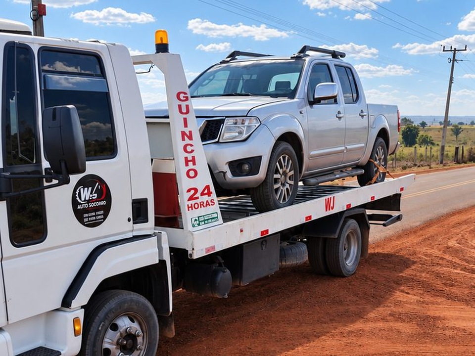 Guincho da WJ transportando caminhonete em estrada de terra