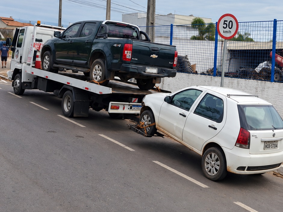 Guincho da WJ reboca caminhonete com carro de apoio ao lado