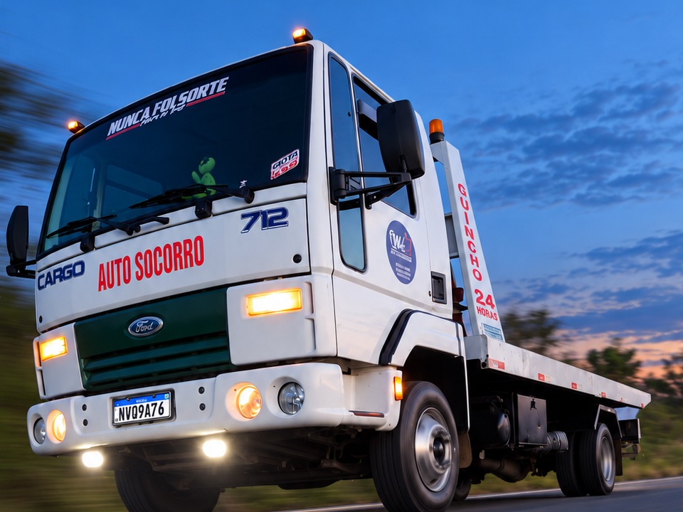 Guincho da WJ Auto Socorro em rodovia ao entardecer